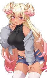 Rule 34 | 1girl, :d, bare shoulders, black shirt, blonde hair, breasts, cowboy shot, crop top, denim, denim shorts, exposed pocket, fang, gradient hair, grey jacket, halterneck, hand up, highleg, highres, jacket, large breasts, long hair, looking at viewer, midriff, multicolored hair, navel, off shoulder, open clothes, open jacket, open mouth, original, pink eyes, ribbed shirt, shirt, short shorts, shorts, skindentation, sleeveless, sleeveless shirt, smile, solo, thighhighs, thighs, torn clothes, torn shorts, trente, two side up, very long hair, white thighhighs