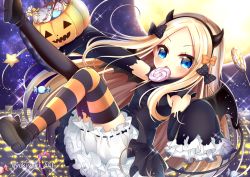 Rule 34 | 1girl, abigail williams (fate), asymmetrical legwear, black bow, black dress, black footwear, black hairband, black sleeves, black thighhighs, blonde hair, bloomers, blush, bow, candy, candy wrapper, cityscape, commentary, demon girl, demon horns, demon tail, detached sleeves, dress, fake horns, fate/grand order, fate (series), food, forehead, full moon, hairband, halloween, halloween bucket, horns, knee up, leg up, lollipop, long sleeves, looking at viewer, mismatched legwear, moon, night, night sky, open mouth, orange bow, outdoors, parted bangs, polka dot, polka dot bow, shoe soles, shoes, sky, sleeveless, sleeveless dress, sleeves past fingers, sleeves past wrists, solo, star (sky), star (symbol), starry sky, striped clothes, striped thighhighs, swirl lollipop, tail, thighhighs, torn clothes, torn sleeves, twitter username, underwear, v-shaped eyebrows, white bloomers, yukiyuki 441