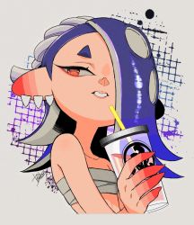 Rule 34 | 1girl, 2022, bare shoulders, blue hair, cephalopod eyes, chest sarashi, colored skin, cup, drink, drinking straw, earrings, eyeliner, flat chest, hachimaki, hair over one eye, hand up, headband, holding, holding cup, holding drink, horizontal pupils, isamu-ki (yuuki), jewelry, lips, long hair, looking to the side, makeup, midriff, multicolored skin, multiple earrings, nejiri hachimaki, nintendo, octoling, parted lips, pink lips, pink pupils, red eyeliner, red eyes, red skin, sarashi, shiver (splatoon), signature, solo, splatoon (series), splatoon 3, suction cups, teeth, tentacle hair, tooth earrings, upper body, white background