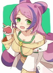 Rule 34 | 1girl, bare shoulders, breasts, cleavage, collarbone, creatures (company), earrings, flower earrings, game freak, green eyes, highres, holding, holding poke ball, jewelry, lab coat, large breasts, long hair, long sleeves, minoru minoru, miriam (pokemon), multicolored hair, nintendo, off-shoulder sweater, off shoulder, pink hair, poke ball, poke ball (basic), pokemon, pokemon sv, purple hair, purple skirt, school nurse, skirt, solo, stethoscope, streaked hair, sweater, swept bangs, two-tone hair, yellow nails, yellow sweater