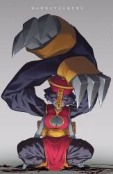 Rule 34 | 1girl, black hair, blood, breasts, chinese clothes, claw (weapon), cleavage, cleavage cutout, clothing cutout, colored skin, extra arms, gradient background, grey skin, hat, highres, jiangshi, large breasts, lei lei, medium hair, open mouth, red eyes, reiga (act000), smile, squatting, talisman, teeth, vampire (game), weapon
