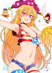 Rule 34 | 3girls, :d, ^ ^, american flag, american flag bikini, american flag legwear, american flag print, american flag shirt, armpits, bare shoulders, bikini, black choker, blonde hair, blue bikini, blue shirt, blue thighhighs, blush, breasts, chibi, choker, closed eyes, clownpiece, collarbone, commentary request, cowboy shot, crop top, denim, denim shorts, earrings, fairy wings, fang, flag print, groin, hair between eyes, hat, head tilt, headdress, heart, hecatia lapislazuli, highres, jester cap, jewelry, junko (touhou), long hair, looking at viewer, micro shorts, midriff, mini person, minigirl, multicolored clothes, multicolored skirt, multiple girls, navel, open fly, open mouth, polka dot, polka dot headwear, pom pom (cheerleading), print bikini, print shirt, purple eyes, purple headwear, red bikini, red hair, red legwear, red shirt, roki (hirokix), shirt, short hair, short sleeves, shorts, single-shoulder shirt, single strap, skin fang, skirt, small breasts, smile, star (symbol), star earrings, star print, stomach, sweat, swimsuit, tabard, thighhighs, touhou, translation request, very long hair, white background, wings