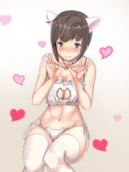 Rule 34 | 10s, 1girl, animal ears, bare shoulders, bell, blue eyes, blush, bra, breasts, brown hair, cat cutout, cat ear panties, cat ears, cat lingerie, choker, cleavage, cleavage cutout, clothing cutout, fubuki (kancolle), highres, jingle bell, kantai collection, looking at viewer, medium breasts, meme attire, navel, panties, short ponytail, side-tie panties, sitting, smile, solo, thighhighs, underwear, underwear only, untue, wavy mouth, white bra, white panties, white thighhighs