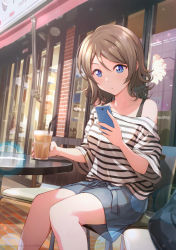Rule 34 | 1girl, bare shoulders, blue eyes, blue skirt, brown hair, cellphone, coffee, collarbone, cup, dated, disposable cup, lens flare, love live!, love live! sunshine!!, outdoors, phone, shamakho, shirt, signature, sitting, skirt, smartphone, solo, striped clothes, striped shirt, watanabe you