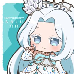 Rule 34 | 1girl, blue background, blue eyes, blue gemstone, border, character name, chibi, chii (chi pppuri), closed mouth, commentary request, detached sleeves, dress, drop shadow, feather hair ornament, feathers, gem, hair ornament, hand up, happy birthday, idol clothes, kiratto pri chan, long hair, looking at viewer, outside border, parted bangs, pretty series, shiratori anju, smile, solo, standing, tiara, very long hair, white border, white dress, white hair