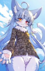 Rule 34 | 1boy, ahoge, animal ear fluff, animal ears, blue hair, blush, bottomless, camouflage, camouflage shirt, cat ears, cat teaser, cloud, commentary, cowboy shot, day, digital camouflage, fang, from below, fur collar, furry, furry male, highres, japan air self-defense force, japan air self-defense force omaezaki sub-base, japan self-defense force, long hair, looking at viewer, military, omaneko, orange eyes, outstretched arm, reaching, reaching towards viewer, red eyes, shirt, sky, solo, split tail, trap, tsuji, yellow eyes