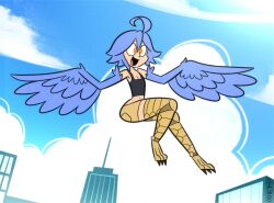 Rule 34 | 1girl, :d, ahoge, armpits, artist name, bare shoulders, bird legs, black tank top, blue feathers, blue sky, blue wings, breasts, brown shorts, building, city, cleavage, cloud, commentary, crop top, english commentary, feathered wings, feathers, flying, full body, hair between eyes, harpy, highres, knees up, lolwutburger, looking ahead, midriff, monster girl, monster musume no iru nichijou, navel, open mouth, papi (monster musume), short hair, short shorts, shorts, signature, sky, skyline, skyscraper, small breasts, smile, solo, talons, tank top, thighhighs, toon (style), winged arms, wings, yellow eyes, zettai ryouiki