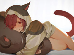 Rule 34 | 1boy, alternate costume, animal hood, blush, bottomless, brown hoodie, cat boy, cat hood, cat tail, facial mark, ffxivys, final fantasy, final fantasy xiv, foot out of frame, g&#039;raha tia, hood, hood up, hoodie, long sleeves, looking at viewer, lying, male focus, miqo&#039;te, hugging object, on side, red eyes, red hair, short hair, shy, simple background, slit pupils, solo, stuffed animal, stuffed toy, swept bangs, tail, teddy bear, white background
