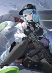 1girl amagasa_yun assault_rifle blue_hair breasts commentary_request cross_hair_ornament girls&#039;_frontline girls&#039;_frontline_2:_exilium green_eyes gun h&amp;k_hk416 hair_ornament highres hk416_(girls&#039;_frontline) holding holding_gun holding_weapon holster jacket klukai_(girls&#039;_frontline_2) knee_pads large_breasts multicolored_jacket off_shoulder open_mouth ponytail purple_jacket rifle sidelocks single_knee_pad solo tattoo teardrop_facial_mark teardrop_tattoo thigh_holster third-party_source trigger_discipline two-tone_jacket weapon white_jacket