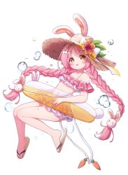 Rule 34 | 1girl, :d, animal ears, animal hat, bare shoulders, bikini, blush, bow, braid, brown eyes, brown footwear, brown hat, fake animal ears, flower, frilled bikini, frills, full body, hair ornament, hat, hat bow, hat flower, highres, innertube, layered bikini, long hair, mimi (princess connect!), open mouth, parted bangs, pink bikini, pink hair, princess connect!, rabbit ears, rabbit hair ornament, rabbit hat, red flower, sandals, setmen, simple background, smile, solo, straw hat, swim ring, swimsuit, transparent, twin braids, twintails, very long hair, water drop, white background, white bow