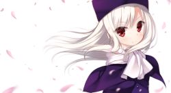 Rule 34 | 1girl, blush, capelet, cariboy, closed mouth, commentary request, fate/stay night, fate (series), fur hat, hat, illyasviel von einzbern, jacket, long hair, looking at viewer, papakha, petals, purple capelet, purple hat, purple jacket, red eyes, scarf, simple background, smile, solo, white background, white hair, white scarf
