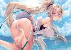 Rule 34 | 1girl, animal, ass, bare shoulders, barefoot, blonde hair, blue eyes, blue sky, blush, breasts, cameltoe, cloud, cloudy sky, competition swimsuit, day, dolphin, fate/grand order, fate (series), feet, highres, holding, hoop, huge filesize, hula hoop, jeanne d&#039;arc (fate), jeanne d&#039;arc (ruler) (fate), jeanne d&#039;arc (swimsuit archer) (fate), jeanne d&#039;arc (swimsuit archer) (second ascension) (fate), large breasts, lips, long hair, looking at viewer, obiwan, ocean, off shoulder, one-piece swimsuit, open clothes, open shirt, outdoors, parted lips, ponytail, shiny skin, shirt, sky, sun, sunlight, swimsuit, thighs, toes, very long hair, water, water drop, white one-piece swimsuit