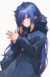 Rule 34 | 1girl, alternate costume, animal ears, black coat, black scarf, blue hair, blush, closed mouth, coat, commentary, cowboy shot, english commentary, fingers together, gradient hair, highres, hololive, hololive english, long hair, looking down, mole, mole under eye, multicolored hair, ninomae ina&#039;nis, orange hair, orinte, own hands together, pointy ears, purple eyes, scarf, simple background, smile, solo, takodachi (ninomae ina&#039;nis), tentacle hair, twitter username, two-tone hair, virtual youtuber, white background, winter clothes, winter coat