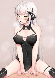 Rule 34 | 1boy, 1girl, bar censor, black leotard, blush, breasts, censored, clothed sex, clothing aside, collarbone, commentary request, covered erect nipples, cowgirl position, cum, cum in pussy, gager (girls&#039; frontline), girl on top, girls&#039; frontline, green eyes, grey hair, gweda, hands on another&#039;s stomach, hetero, korean commentary, leotard, leotard aside, looking at viewer, open mouth, cum overflow, pussy, sex, solo focus, spread legs, straddling, teeth, thigh strap, tongue, watermark