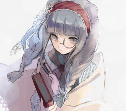 Rule 34 | 1girl, animal ears, arknights, bear ears, blue hair, book, braid, brown jacket, commentary, flower, glasses, hair flower, hair ornament, hairband, holding, holding book, istina (arknights), istina (bibliosmia) (arknights), jacket, looking at viewer, monocle, official alternate costume, pince-nez, red hairband, semi-rimless eyewear, shimasato, simple background, solo, twin braids, under-rim eyewear, upper body, white background, white flower