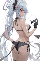Rule 34 | 1girl, ass, back, bare back, bare shoulders, bikini, black bikini, black gloves, blue archive, breasts, demon tail, unworn eyewear, from behind, gloves, halo, halterneck, highres, holding, iori (blue archive), iori (swimsuit) (blue archive), long hair, looking at viewer, multi-strapped bikini bottom, pointy ears, red eyes, sb lama, side-tie bikini bottom, simple background, small breasts, solo, sunglasses, sunglasses removed, swimsuit, tail, twintails, very long hair, white background