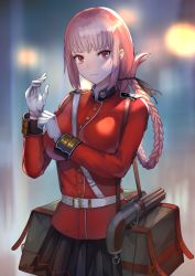 Rule 34 | 1girl, adjusting clothes, adjusting gloves, bad id, bad twitter id, bag, braid, breasts, fate/grand order, fate (series), florence nightingale (fate), gloves, gun, large breasts, looking at viewer, maekawa yuichi, pink hair, red eyes, satchel, skirt, solo, weapon, white gloves