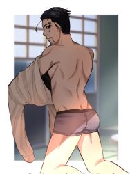 Rule 34 | 1boy, ass, black eyes, black hair, boxers, facial hair, facial scar, from behind, goatee, golden kamuy, hair slicked back, hair strand, highres, kneeling, looking at viewer, male focus, male underwear, no pants, ogata hyakunosuke, purple male underwear, ri (ri kaos21), scar, scar on cheek, scar on face, short hair, smile, solo, stitches, stubble, toned, toned male, undercut, underwear, undressing