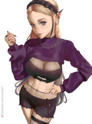 Rule 34 | 1girl, black bra, black nails, black shorts, blonde hair, bra, braid, breasts, contemporary, crop top, crown braid, ear piercing, fishnet pantyhose, fishnets, french braid, goth fashion, gradient hair, grey eyes, hand on own hip, ignite (artist), jewelry, large breasts, pantyhose under shorts, long hair, long sleeves, looking at viewer, midriff, multicolored hair, nail polish, navel, necklace, nintendo, pantyhose, parted lips, piercing, pointy ears, princess zelda, purple sweater, shorts, simple background, single leg pantyhose, solo, stomach, sweater, the legend of zelda, the legend of zelda: breath of the wild, underwear, very long hair, white background
