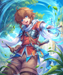Rule 34 | 1boy, :d, absurdres, ahoge, armor, blue eyes, blue sky, breastplate, brown gloves, brown hair, brown shorts, day, gloves, grass, hair between eyes, highres, holding, holding sword, holding weapon, jacket, leaf, looking at viewer, magic, male focus, medium hair, open mouth, original, outdoors, red jacket, shichigatsu, shirt, shorts, sky, smile, solo, standing, sword, weapon, white shirt