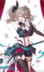 Rule 34 | 1girl, absurdres, aqua belt, belt, black ribbon, black shorts, black thighhighs, blush, breasts, bridal gauntlets, brown gloves, card, curtains, cynical sneer (elsword), detached sleeves, elbow gloves, elsword, gloves, green eyes, grey hair, hair ribbon, highres, holding, holding card, large breasts, lithia beryl (elsword), long hair, looking at viewer, midriff, navel, one eye closed, open mouth, ribbon, short shorts, shorts, simple background, single thighhigh, smile, solo, stomach, tanjel, teeth, thighhighs, twintails, upper teeth only, white background