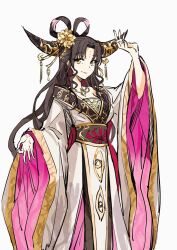 Rule 34 | 1girl, black hair, black horns, black sash, breasts, chinese clothes, chinese commentary, closed mouth, commentary request, fate/extra, fate/extra ccc, fate/grand order, fate (series), feet out of frame, flower, forehead tattoo, gold tassel, gold trim, hair flower, hair ornament, hair rings, hand up, hanfu, horn ornament, horns, large horns, long hair, long sleeves, looking at viewer, medium breasts, mudra, multicolored hair, obi, parted bangs, pink hair, sash, sessyoin kiara, sidelocks, simple background, smile, solo, streaked hair, tassel, vitarka mudra, white background, white hanfu, wide sleeves, yellow eyes, yellow flower, zerocastle