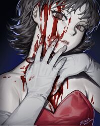 Rule 34 | 1girl, backlighting, bare shoulders, black hair, blood, blood on face, blood on hands, blood splatter, breasts, cleavage, corrupted twitter file, elbow gloves, gloves, hand on own face, hands up, highres, kirigoe mima, looking at viewer, mary felizola, parted lips, perfect blue, red lips, short hair, signature, solo, upper body, white gloves