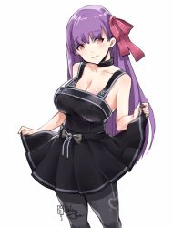 Rule 34 | 1girl, artist name, black dress, black pantyhose, black ribbon, black skirt, blush, breasts, cleavage, closed mouth, clothes lift, collar, collarbone, cowboy shot, dress, dress lift, fate/extra, fate/extra ccc, fate/grand order, fate (series), hair ribbon, heart, large breasts, lifted by self, long hair, pantyhose, passionlip (fate), pink eyes, pleated skirt, print pantyhose, purple hair, relaxjon, ribbon, simple background, skirt, skirt lift, solo, white background