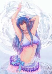 Rule 34 | 10s, 1girl, absurdres, arms up, artist name, bad id, bad pixiv id, bikini, bikini skirt, blue bikini, blue hair, bow, bracelet, breasts, cleavage, collarbone, contrapposto, facing viewer, flower, frilled bikini, frilled skirt, frills, grey background, hair flower, hair ornament, hairband, highres, jewelry, kuon (kwonchanji), large breasts, light particles, lips, long hair, looking to the side, looking up, love live!, love live! school idol project, natsuiro egao de 1 2 jump!, navel, nose, parted lips, pointing, skirt, solo, sonoda umi, standing, swimsuit, upper body, yellow eyes