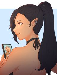 Rule 34 | 2girls, animal ears, warrior of light (ff14), bikini, black hair, braid, cat ears, cellphone, commentary, dark-skinned female, dark skin, earrings, elezen, elf, english commentary, facial mark, fictional persona, final fantasy, final fantasy xiv, from behind, hair over one eye, heart, hilda ware, hybrid, hyur, jewelry, koyorin, lips, long hair, looking to the side, m&#039;naago, miqo&#039;te, multiple girls, phone, pink hair, pointy ears, ponytail, red eyes, short hair, signature, smartphone, smile, swimsuit, two-tone background, v