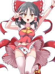 Rule 34 | 1girl, :d, arm garter, arms up, ascot, black hair, blush, bow, bow panties, breasts, collarbone, commentary request, cookie (touhou), enperuto (yarumi), footwear bow, gluteal fold, hair between eyes, hair bow, hair tubes, hakurei reimu, highres, long hair, looking at viewer, mary janes, medium breasts, navel, open mouth, panties, red bow, red footwear, red skirt, ribbon-trimmed skirt, ribbon trim, sananana (cookie), shoes, sidelocks, simple background, skirt, sleeveless, smile, solo, taut clothes, thigh gap, thighhighs, touhou, underwear, v over eye, white background, white panties, white thighhighs, yellow bow, yellow eyes