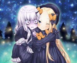 Rule 34 | 2girls, ;), abigail williams (fate), bags under eyes, black bow, black dress, black hat, blonde hair, blue eyes, blush, bow, closed mouth, commentary request, dress, fate/grand order, fate (series), fireflies, forehead, hair bow, hat, highres, horns, hug, lavinia whateley (fate), long hair, long sleeves, multiple girls, night, night sky, one eye closed, orange bow, outdoors, pale skin, parted bangs, parted lips, pine tree, pink eyes, polka dot, polka dot bow, sidelocks, silver hair, single horn, sky, sleeves past fingers, sleeves past wrists, smile, star (sky), starry sky, tree, very long hair, wide-eyed, yukihara nako