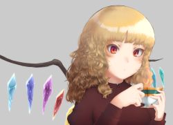 Rule 34 | 1girl, :/, alternate costume, alternate hairstyle, blonde hair, blunt bangs, blush, closed mouth, collared shirt, crystal, cup, flandre scarlet, grey background, hair down, holding, holding cup, long hair, long sleeves, looking at viewer, no headwear, nuwara eliya, red eyes, red shirt, shirt, simple background, solo, touhou, two-handed, upper body, wavy hair, wing collar, wings