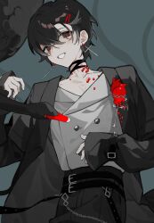 Rule 34 | 1boy, animal, belt, bird, bishounen, black belt, black choker, black eyes, black hair, black jacket, buttons, choker, coat, collarbone, cowboy shot, dangle earrings, drop earrings, earrings, goose, grey hair, grin, hair behind ear, hair between eyes, hair ornament, hairpin, hand on own stomach, hand up, heart (organ), highres, jacket, jewelry, layered clothes, looking at viewer, mismatched earrings, mtn, multicolored hair, multiple belts, open clothes, open hands, open jacket, original, parted lips, red pupils, shirt tucked in, short hair, sleeves past wrists, smile, solo, trench coat, two-tone hair, unkempt, v-neck