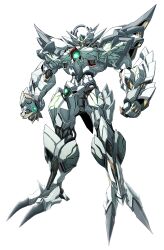 Rule 34 | barbatos (iron saga), clenched hand, cliff, cloud, copyright name, dark clouds, energy, floating, full body, gem on head, glowing, glowing hand, glowing lines, highres, iron saga, mecha, mechanical parts, no humans, official art, open hand, robot, solo, tree