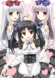 Rule 34 | 10s, 3girls, :d, airi (alice or alice), alice or alice, apron, artist name, black skirt, blue bow, blue ribbon, bow, breasts, choker, cleavage, corset, frilled skirt, frills, green eyes, hair bow, hand grab, heart, highres, holding hands, interlocked fingers, kisaki (alice or alice), long hair, looking at viewer, maid, medium breasts, multiple girls, neck ribbon, nishimata aoi, open mouth, purple eyes, red bow, red ribbon, ribbon, rise (alice or alice), siblings, silver hair, sisters, skirt, smile, twins, very long hair, white apron, wrist cuffs
