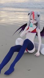 Rule 34 | 3d, animal ears, beach, closed eyes, feet, food, fox ears, fox girl, fox tail, highres, open mouth, original, popsicle, sand, self-upload, sigmathefox, swimsuit, tail, tongue, tongue out