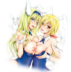 Rule 34 | 10s, 2girls, animal ears, backlighting, bad id, bad pixiv id, blonde hair, blue eyes, blush, breast press, breasts, brown eyes, cecilia alcott, charlotte dunois, detached collar, fake animal ears, female focus, green hair, hair ribbon, hairband, infinite stratos, kojima saya, large breasts, leotard, long hair, looking at viewer, multiple girls, nipples, open mouth, playboy bunny, ponytail, rabbit, rabbit ears, rabbit tail, ribbon, simple background, smile, symmetrical docking, tail, white background, wrist cuffs