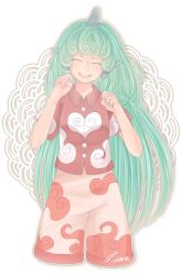 Rule 34 | 1girl, :d, closed eyes, cloud print, collared shirt, commentary, curly hair, english commentary, facing viewer, green hair, heart, heart print, horns, komano aunn, long hair, mocchite, open mouth, red shirt, shirt, short sleeves, shorts, signature, single horn, smile, solo, teeth, touhou, upper teeth only, white shorts