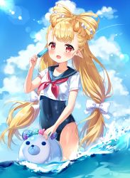 Rule 34 | 1girl, blush, breasts, character request, dragon, dragon girl, dragon horns, highres, horns, long hair, looking at viewer, mayo (miyusa), ocean, one-piece swimsuit, open mouth, pointy ears, red eyes, sailor collar, school swimsuit, sky, small breasts, smile, solo, swimsuit, unleashed, very long hair