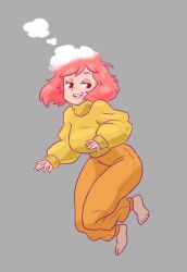 Rule 34 | 1girl, barefoot, breasts, full body, grey background, half-closed eyes, highres, large breasts, medium hair, open mouth, orange pants, original, pants, pink hair, podrace explode, red eyes, simple background, sleeves past wrists, smile, solo, sweater, yellow sweater