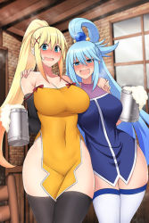 Rule 34 | 2girls, adapted costume, aqua (konosuba), bare shoulders, beer mug, black gloves, black legwear, blonde hair, blue dress, blue eyes, blue hair, blush, breasts, brick wall, chair, cleavage, collarbone, commentary, covered navel, cup, darkness (konosuba), dress, drunk, elbow gloves, english commentary, foam, gloves, hair between eyes, hair ornament, half-closed eyes, hand on another&#039;s shoulder, high ponytail, holding, indoors, kono subarashii sekai ni shukufuku wo!, large breasts, legs together, lindaroze, long hair, looking at viewer, mug, multiple girls, nervous smile, no panties, nose blush, open mouth, pelvic curtain, sleeveless, sleeveless dress, smile, standing, steaming body, strap slip, sweat, thick thighs, thighhighs, thighs, white legwear, wide hips, window, x hair ornament, yellow dress