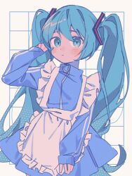 Rule 34 | 1girl, alternate costume, apron, aqua eyes, aqua hair, blue jacket, blush, closed mouth, frilled apron, frills, hair between eyes, hand up, hatsune miku, jacket, jersey maid, long hair, long sleeves, looking at viewer, maid, solo, standing, track jacket, turtleneck, turtleneck jacket, twintails, umi (umui), unconventional maid, very long hair, vocaloid, waist apron, white apron