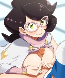 Rule 34 | 1boy, 1girl, age difference, agemono, alternate color, bad id, bad pixiv id, black hair, blush, bottomless, breast hold, breasts, breasts out, capelet, censored, creatures (company), elio (pokemon), game freak, glasses, green eyes, hetero, long sleeves, medium breasts, mosaic censoring, nintendo, nipples, paizuri, penis, pink-framed eyewear, pokemon, pokemon sm, ribbed sweater, shirt, smile, striped clothes, striped shirt, sweater, t-shirt, turtleneck, turtleneck sweater, wicke (pokemon)