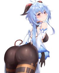 Rule 34 | 1girl, absurdres, ahoge, ass, backless leotard, bare shoulders, black pantyhose, blue hair, blush, bodysuit, breasts, cameltoe, detached sleeves, embarrassed, from behind, ganyu (genshin impact), genshin impact, gloves, gold trim, highres, horns, huge ass, large breasts, leotard, long hair, looking at viewer, looking back, noshitaroh, pantyhose, red eyes, shiny clothes, shiny skin, sideboob, solo, thighs, very long hair, waist cape, white background
