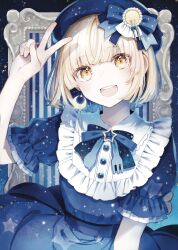 Rule 34 | 1girl, :d, absurdres, artist name, blonde hair, blue background, blue bow, blue dress, blue hat, blue ribbon, blue theme, bow, crescent, crescent earrings, dress, earrings, food-themed hair ornament, frilled sleeves, frills, hair ornament, hat, highres, hitoba, jewelry, looking at viewer, open mouth, original, picture frame, puffy short sleeves, puffy sleeves, ribbon, short hair, short sleeves, smile, solo, star (symbol), starry sky print, v, yellow eyes