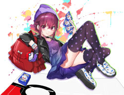Rule 34 | 1girl, ass, backpack, bag, black gloves, black jacket, black thighhighs, blue dress, blush, card, check copyright, closed mouth, coin, copyright request, creatures (company), cropped jacket, dress, fire, game freak, gloves, hair between eyes, happy, hat, highres, holding, holding card, jacket, knee up, long sleeves, looking at viewer, lying, multicolored background, nintendo, on back, original, pink dress, pink eyes, poke ball, pokemon, pokemon card, polka dot, polka dot legwear, print footwear, purple eyes, purple gloves, purple hair, red bag, red hair, shoes, single glove, skirt, smile, solo, thighhighs, translation request, two-tone dress, unworn backpack, unworn bag, white background, white footwear, wo chi xiangjiao pi