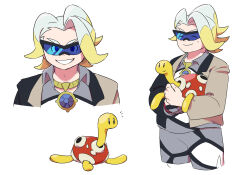 Rule 34 | 1boy, absurdres, black-framed eyewear, blonde hair, brown jacket, closed eyes, closed mouth, collared shirt, commentary request, creatures (company), game freak, gen 2 pokemon, gordie (pokemon), grey shirt, grey shorts, grin, highres, holding, holding pokemon, jacket, jewelry, looking at viewer, male focus, mira (miramita8727), multiple views, necklace, nintendo, notice lines, pokemon, pokemon (creature), pokemon swsh, shirt, short hair, shorts, shuckle, smile, sunglasses, teeth