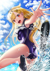 Rule 34 | 1girl, :d, alternate costume, ass, beach, blonde hair, blue sky, blush, breasts, cloud, commentary request, cosplay, crop top, day, diffraction spikes, fang, hair between eyes, hair flaps, hair ornament, hair ribbon, hairclip, kantai collection, large breasts, long hair, looking at viewer, ocean, one-piece swimsuit, open mouth, outdoors, red eyes, ribbon, ro-500 (kancolle), ro-500 (kancolle) (cosplay), sailor collar, school swimsuit, sky, smile, solo, swimsuit, swimsuit under clothes, torpedo, unowen, water, yuudachi (kancolle)