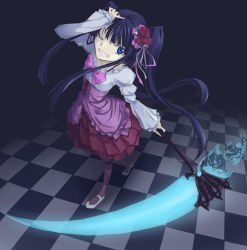 Rule 34 | 1girl, ars, blue eyes, blue hair, bow, checkered floor, dress, floor, flower, from above, furudo erika, grin, hair flower, hair ornament, hand on own head, lolita fashion, long hair, looking at viewer, matching hair/eyes, one eye closed, pantyhose, pink bow, scythe, smile, solo, twintails, umineko no naku koro ni